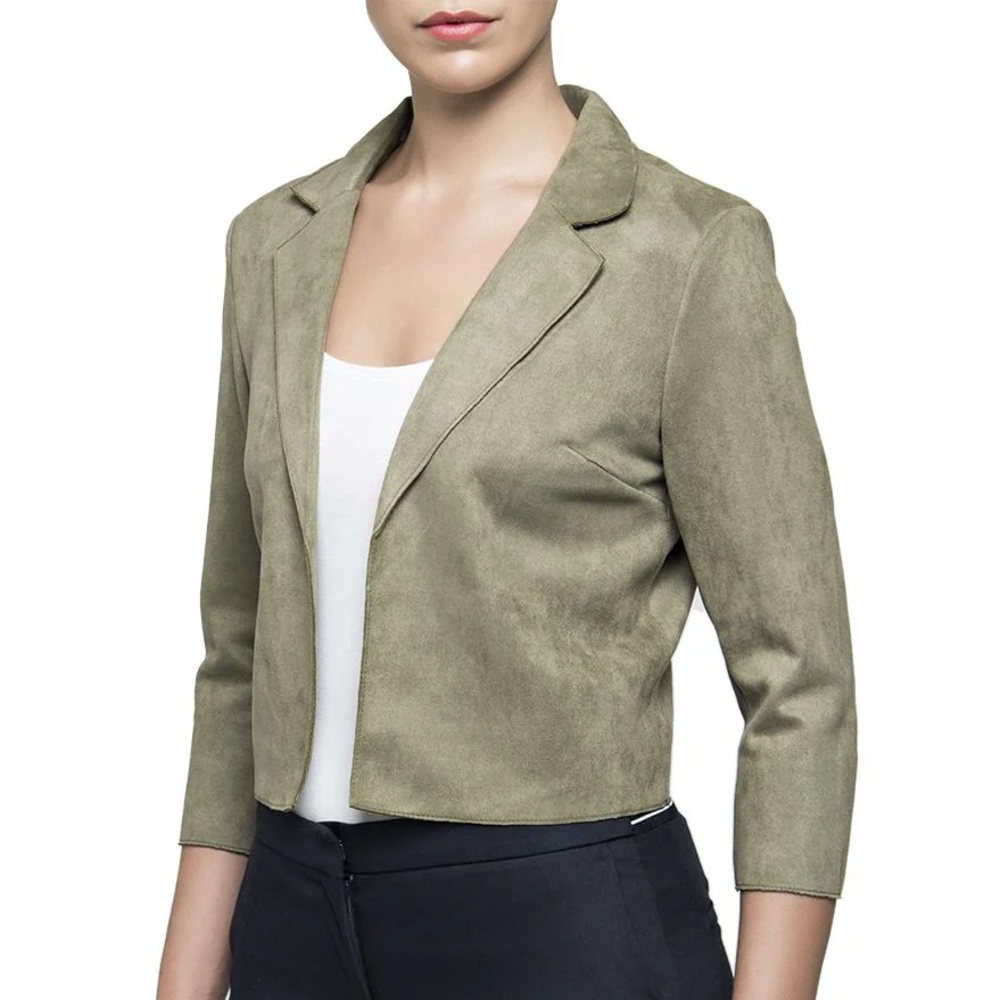 be. Olive Green Vegan Suede Cropped Jacket
